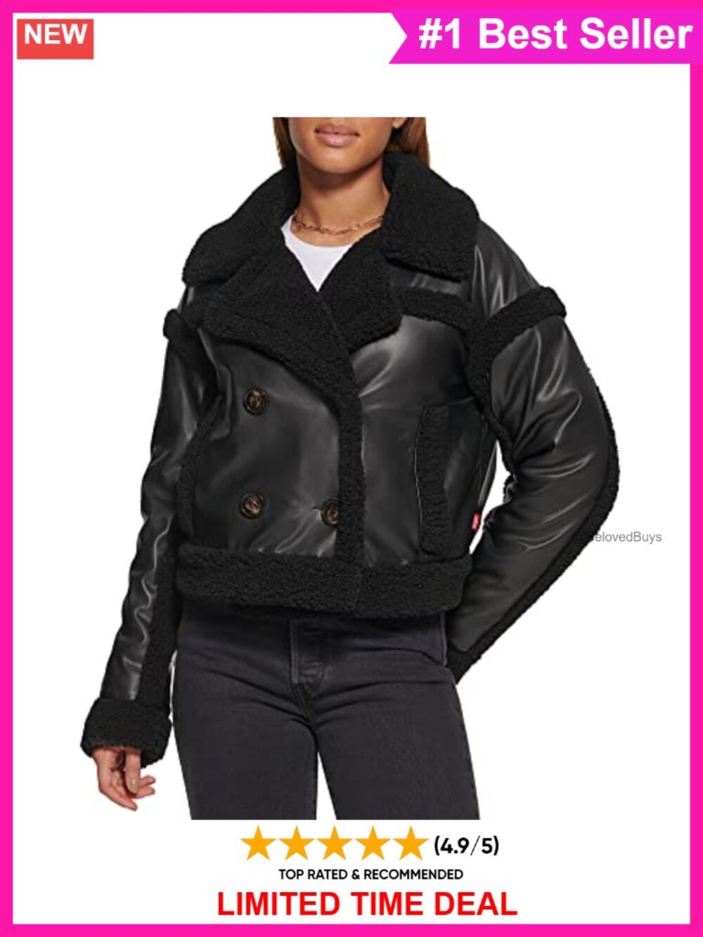 Sherpa Lined Cropped Moto Jacket Vegan Leather Button Front